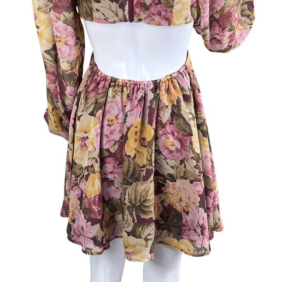 Showpo Women 6 Floral Mini Chiffon Cutout Dress Long Puff Sleeve Sweetheart Neck - Picture 6 of 16